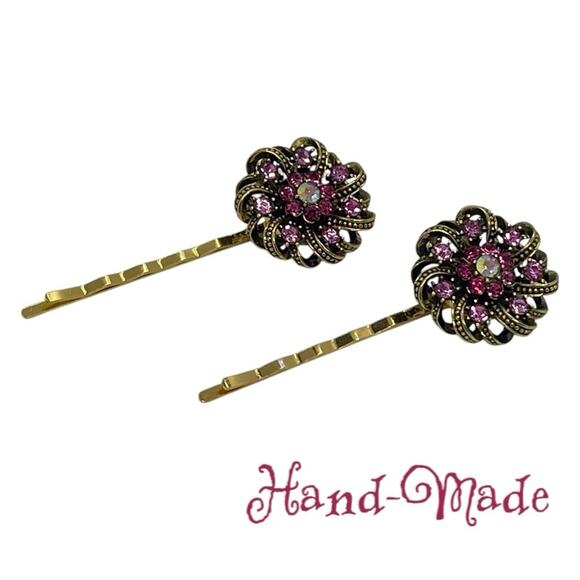 Handmade Pink Rhinestone Gold Set Hair Clips Dance Whimsical Fairy Jewelry NWT - Picture 1 of 6